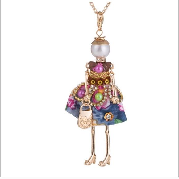 Jewelry - Boutique Doll Necklace Pink Watercolor Dress Rhinestone Long Necklace!